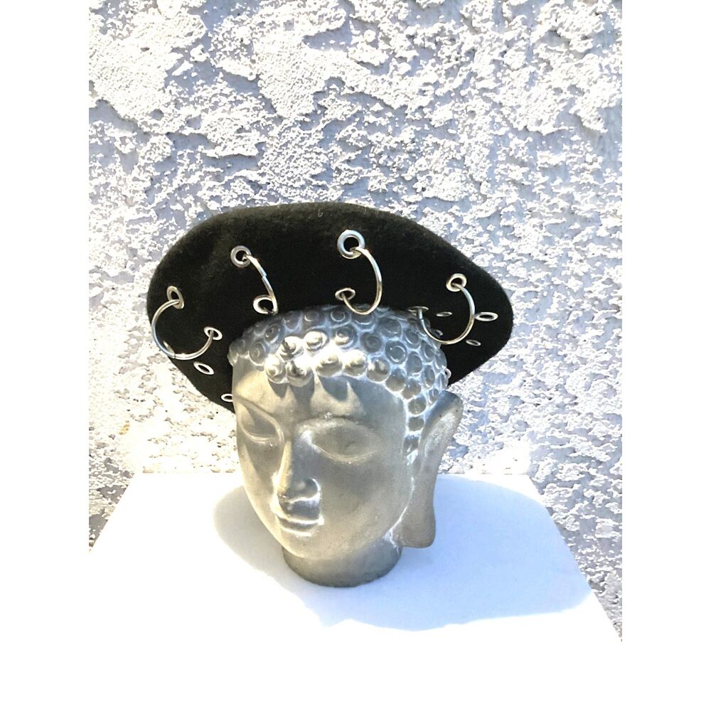 Vintage Black Wool Beret with Silver Rings - Punk Rock Style -Statement Piece!
